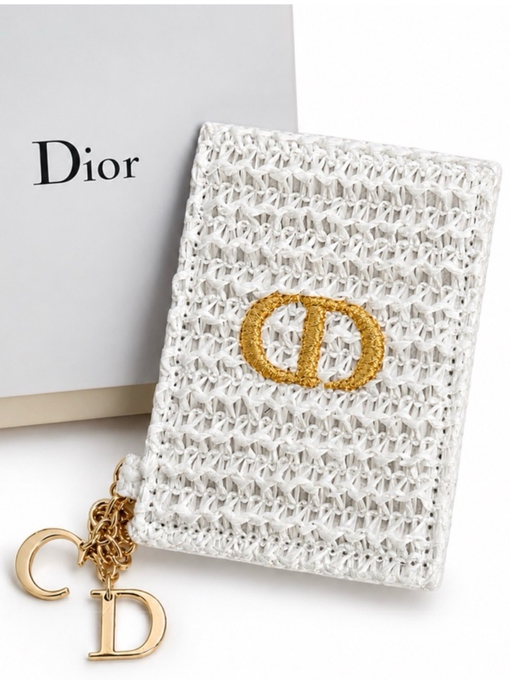 Dior Beauty White Raffia Mirror with "CD" Charms
